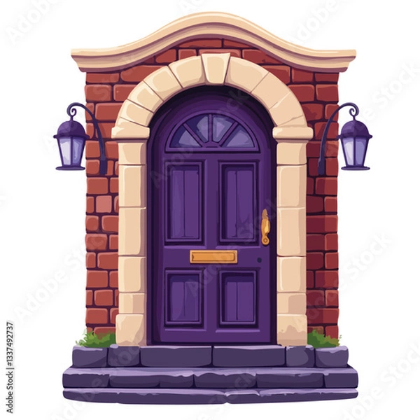 Fototapeta Vintage Front Door with Stone Frame in Old Building Facade