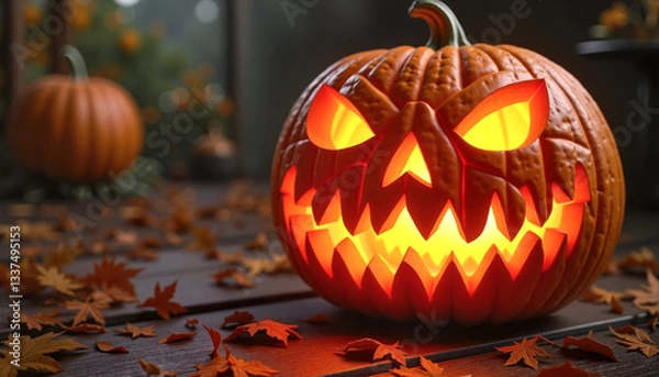 Obraz A carved jack-o'-lantern with intricate details and glowing features surrounded by autumn leaves, symbolizing Halloween spirit.