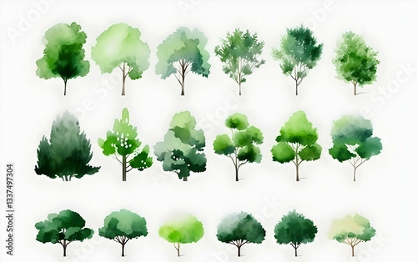 Fototapeta Various trees illustrated using watercolors highlight the diversity of greenery found in nature in an artistic display of plant life