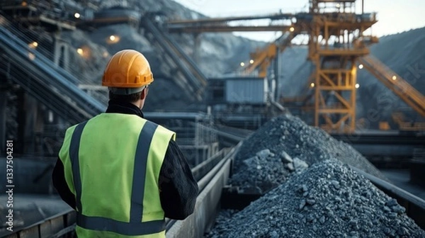 Fototapeta Mine worker inspecting conveyor belts at a rock processing facility background