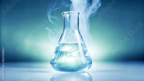 Obraz A Mysterious, Glowing Liquid Simmers In A Glass Flask, Emitting Ethereal Smoke Against A Cool Blue Backdrop