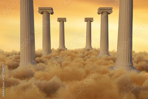 Fototapeta White columns over fluffy sunset clouds. 3D Rendering