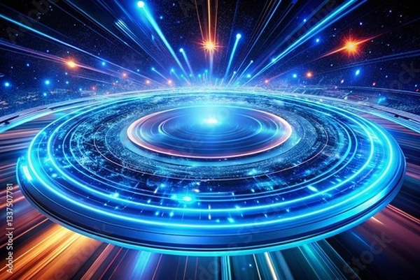 Fototapeta Abstract Blue Speed Lights: Circular Disk in Space, Digital Tech Background