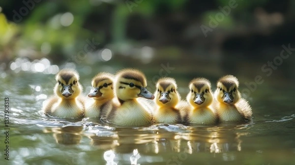 Fototapeta Charming scene of ducklings paddling on serene pond in bright light