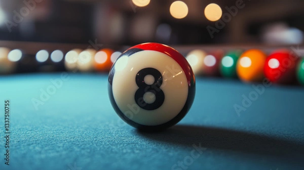 Fototapeta Billiard ball with number 8 on a table with a green cover