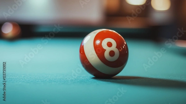 Fototapeta Billiard ball with number 8 on a table with a green cover