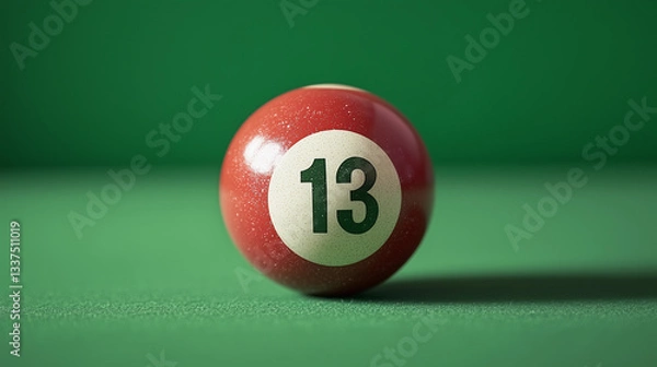 Fototapeta Billiard ball with the number 13 on a table with a green coating, on a green background