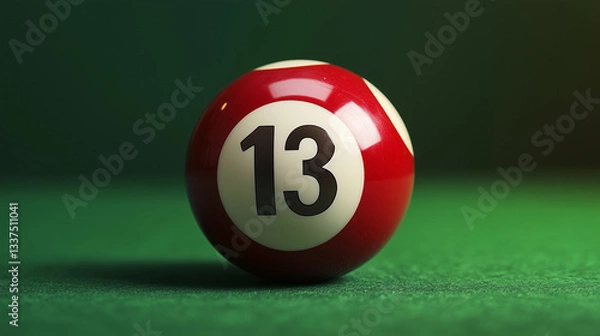 Fototapeta Billiard ball with the number 13 on a table with a green coating, on a green background