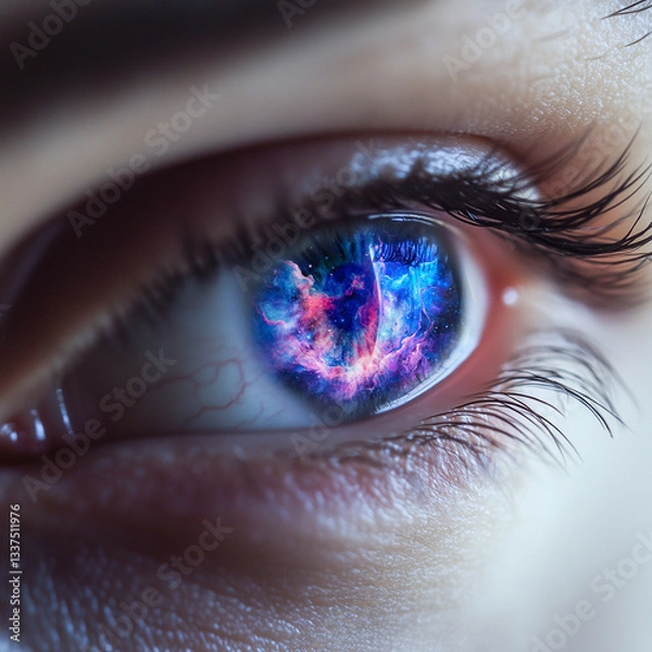 Fototapeta The human eye, in close-up, showing a coloured galaxy