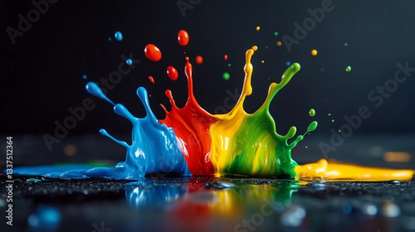 Fototapeta Acrylic paint splashes in the shape of a crown on a dark background. Red, blue, orange, yellow, blue, green.