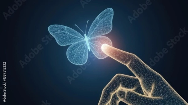 Obraz Abstract close-up finger press on the digital blue butterfly. Technology innovation and evolution concept. Butterflies hologram on dark background. Low poly wireframe vector illustration 