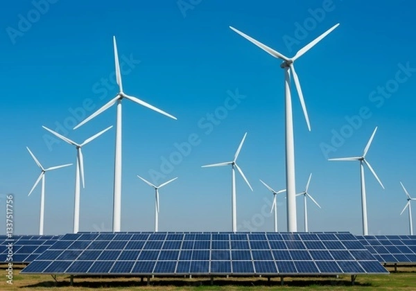 Fototapeta Clean Energy Vision: Solar panels and wind turbines work together, showing innovation and sustainability in a world driven by renewable energy.