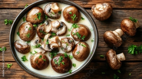 Obraz Creamy mushroom soup in bowl, garnished with parsley on wooden background
