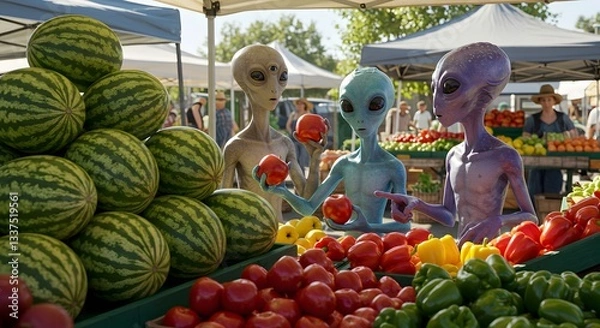 Fototapeta "Martian Market Day: An intriguing scene unfolds at a bustling farmer's market, where extraterrestrial visitors are engaging in an alien produce selection process.