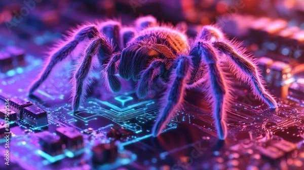 Fototapeta A neon-lit tarantula crawling on a vibrant holographic circuit board landscape
