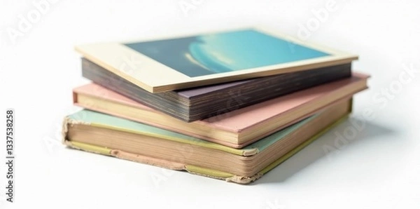 Fototapeta Stacked vintage and modern Polaroid frames, isolated on white , stack, new