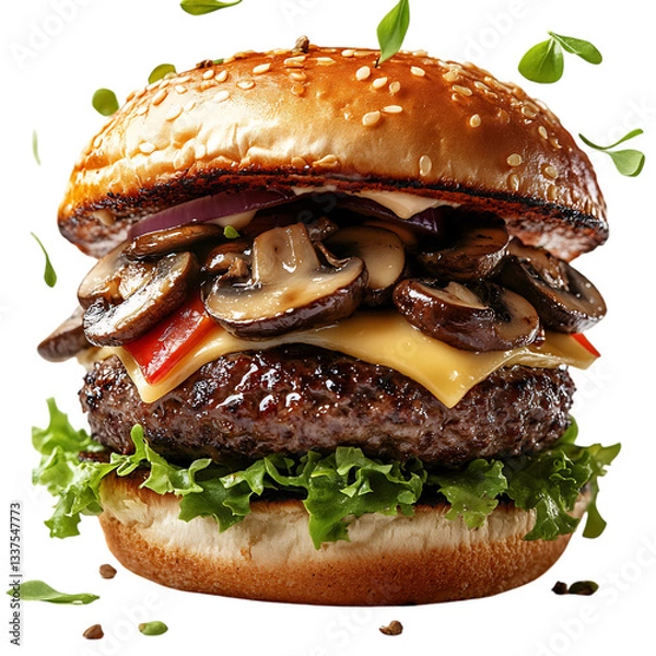 Fototapeta Juicy Burger with Mushrooms Swiss Cheese and Onions Isolated on Transparent Background