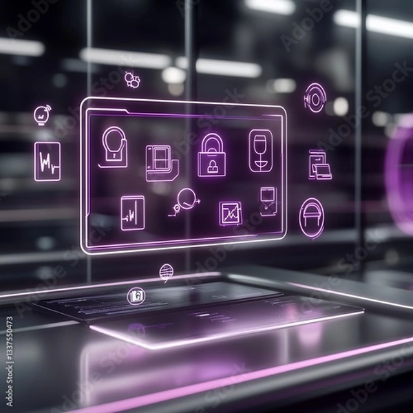 Fototapeta A high-tech workspace features a sleek digital interface showcasing various health applications and security icons. The environment is futuristic and displays vibrant colors