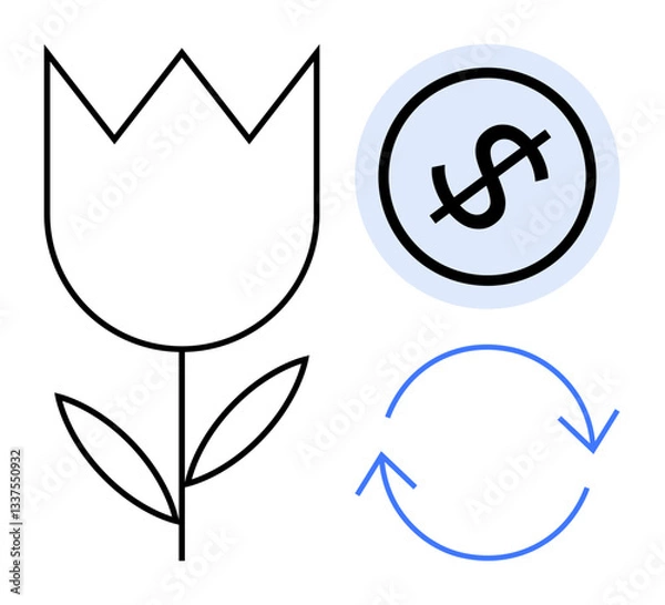 Fototapeta Minimalist flower, dollar sign, and circular arrows representing eco-finance, green economy, environmental conservation, and circular economy. Ideal for sustainability, environmental practices