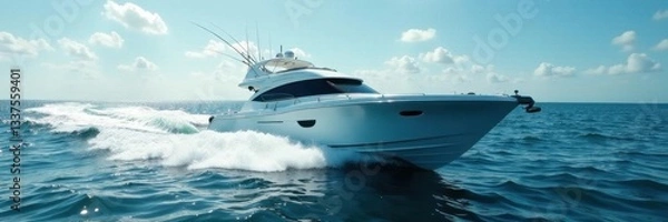 Fototapeta Sleek sportfishing boat cuts through ocean waves, creating a wide wake , cruise, hull