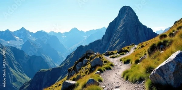 Fototapeta Majestic mountain peak, rocky trail winding upwards, impressive, scenic, grey