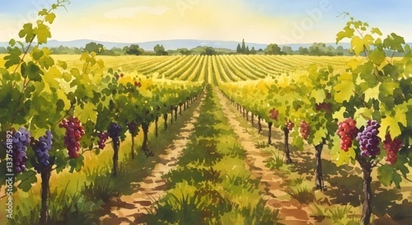 Obraz Watercolor Painting of Vineyard with Ripe Grapes and Warm Sunshine