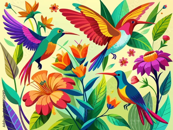 Fototapeta vector of  beautiful vibrant colored humming birds flying and loving on a flower nectar