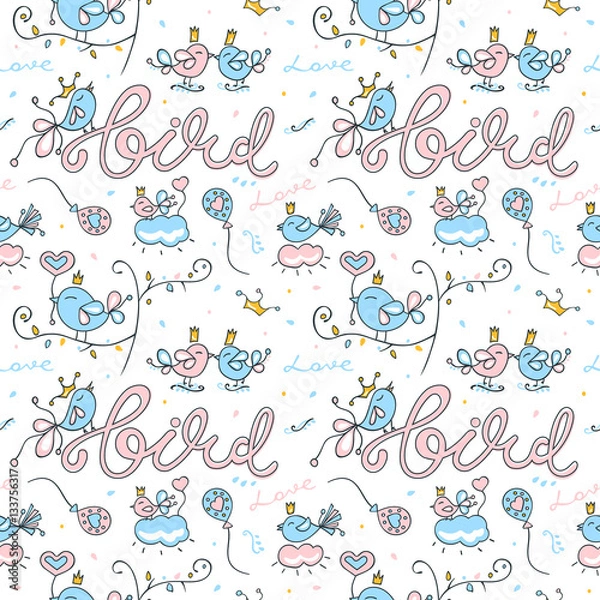 Fototapeta Birds seamless pattern on white background. Template Valentines Day. Love, heart, trees, crown.