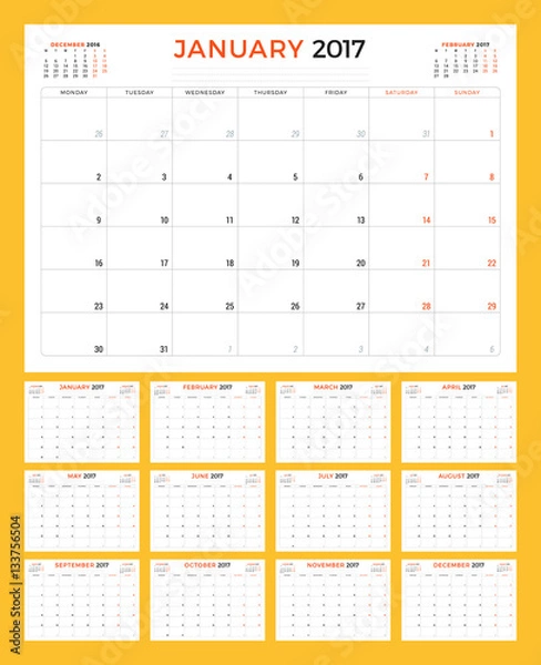 Fototapeta Calendar Template for 2017 Year. Week Starts Monday. Set of 12 Months. Stationery Design. Vector Illustration