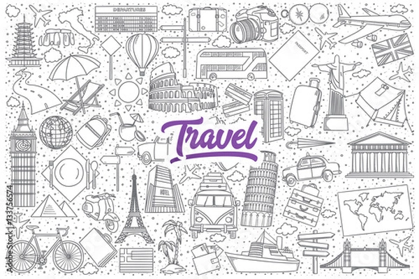 Obraz Hand drawn set of travel doodles with bright purple lettering in vector