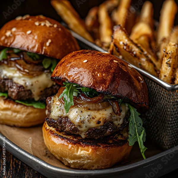 Fototapeta Gourmet Beef Sliders with Caramelized Onions and Truffle Fries