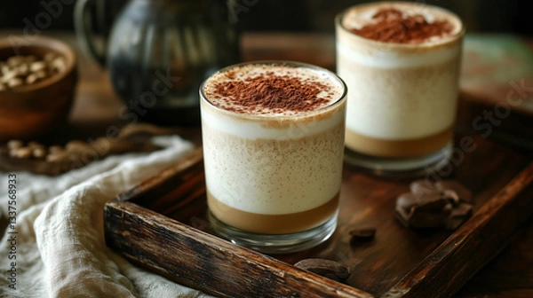Fototapeta A frothy soy milk cappuccino with cocoa powder dusted on top, served on a wooden tray