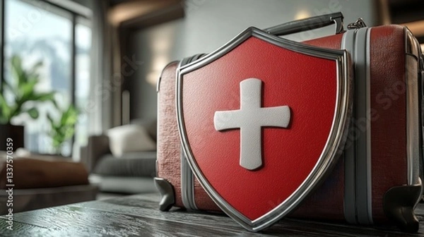 Obraz Travel insurance concept suitcase with shield.