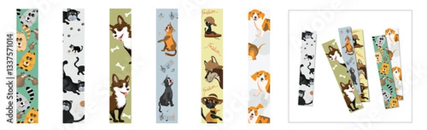 Fototapeta Bookmarks set for books or notebooks with cute cartoon cats and dogs. Beautiful design of children's bookmarks for printing and cutting. Vector drawings isolated on white background.