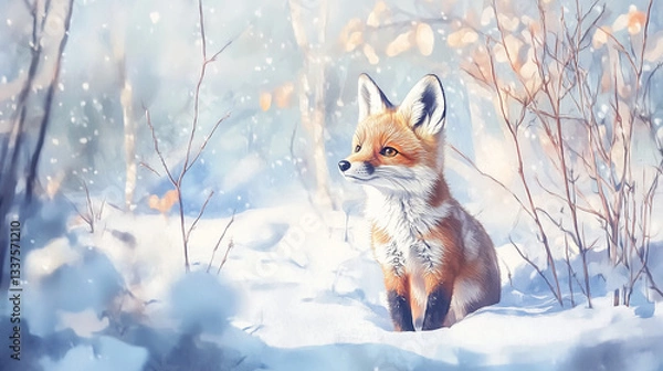Fototapeta Little fox in the snow, illustration 
