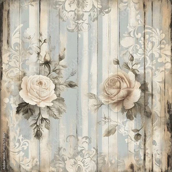 Fototapeta a shubby chic vintage pattern faded with staines and faint writings in french with shabby chic elements roses stripes damasks lace all faded and stained and wea