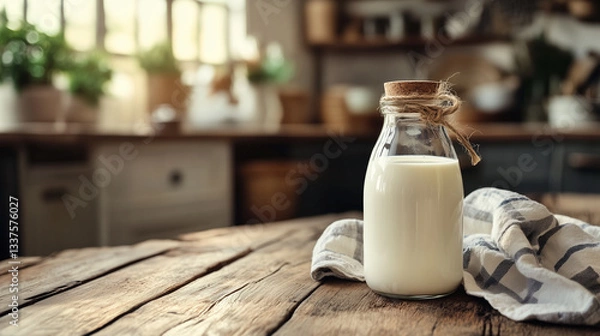 Fototapeta Freshly poured goat milk in a rustic glass bottle, placed on a wooden table with a background of a cozy countryside kitchen