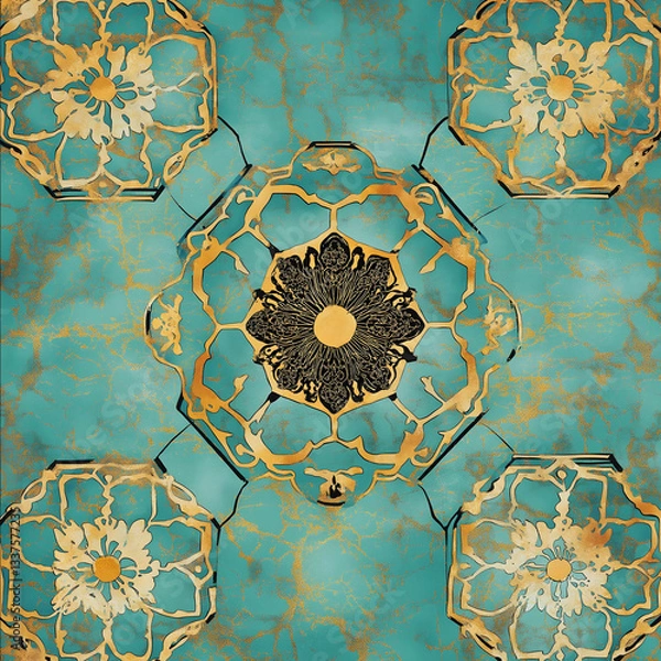 Fototapeta A Chinese inspired pattern using colours of turquoise and gold