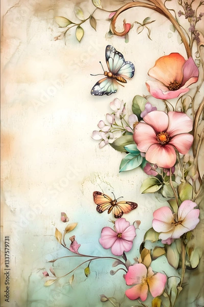 Fototapeta vintage junk journal background pastel colored handmade paper faded rustic shabby with a very delicate floral pattern bees butterflies barely visible antique ch