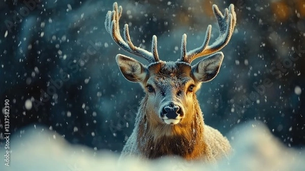 Obraz Majestic deer in a winter wonderland.  A stag stands amidst a snowfall, showcasing its impressive antlers.  Golden hues highlight the animal's coat, while soft snowfall covers the scene