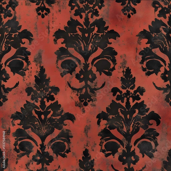 Fototapeta Gothic Victorian red damask wallpaper dark background black ink on old paper distressed edges