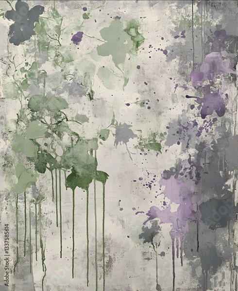 Fototapeta An abstract painting with splashes of green gray and purple paint on the canvas The background is a collage made from various textures such as paper fabric and