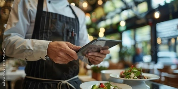 Fototapeta Waitstaff using a digital tablet for managing orders and payments, showcasing a blend of hospitality and technology in a dining environment