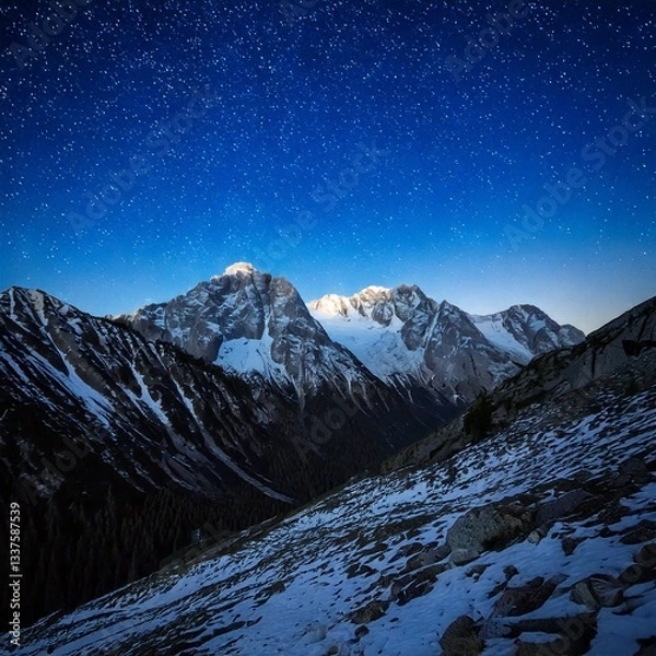 Fototapeta  wanderlust view of snow-topped mountains at night