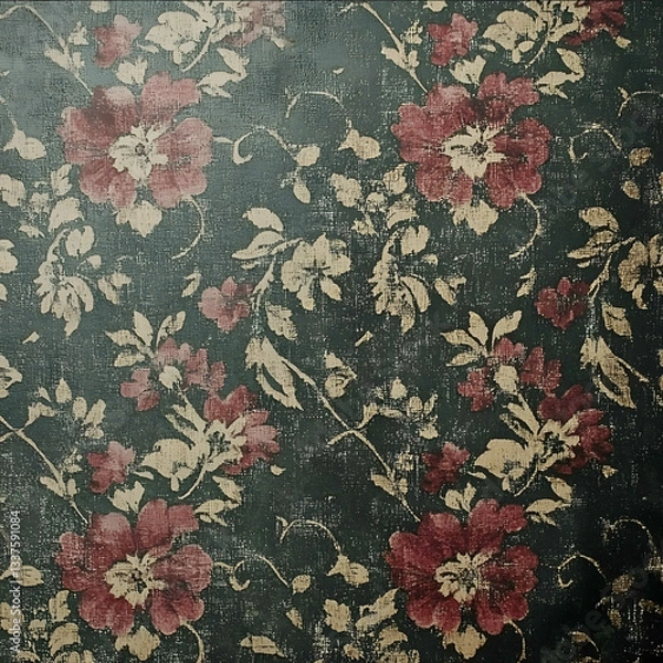 Fototapeta Vintage Victorian wallpaper with intricate floral patterns featuring faded and muted tones like deep burgundy and dark green The wallpaper appears aged with sub