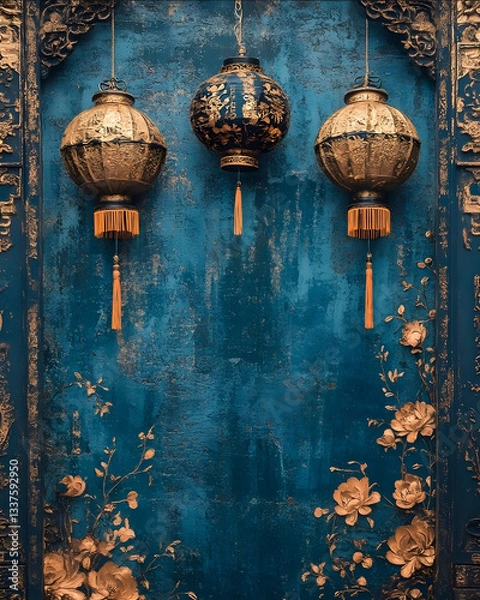 Fototapeta a Asian Tet Lunar New Year photo background blue and gold theme