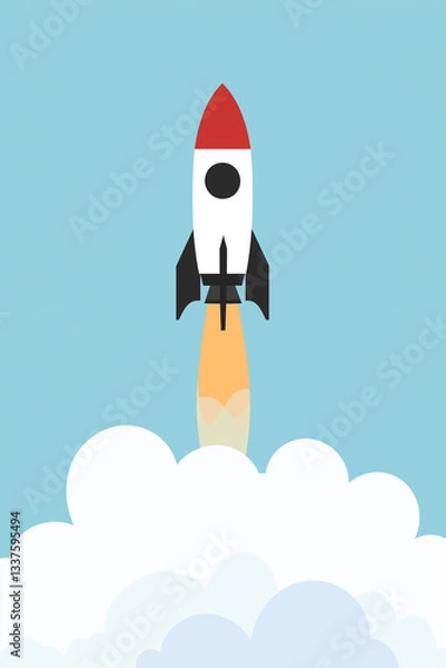 Fototapeta Retro rocket blasting off through clouds on a colorful backdrop