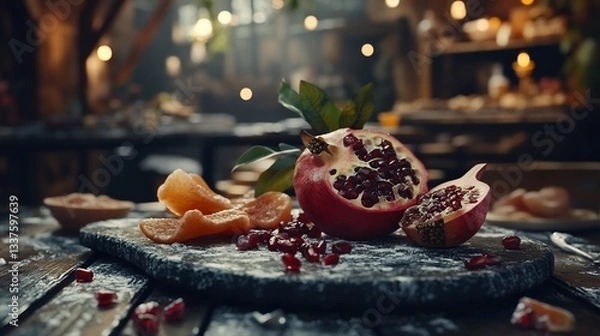 Obraz Pomegranate and candied orange slices on rustic table