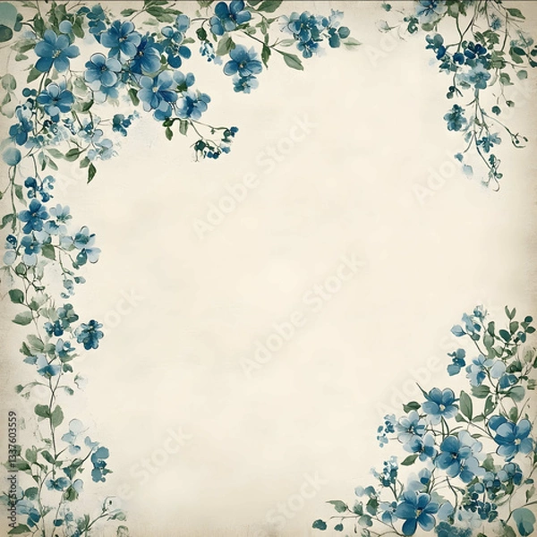 Fototapeta bridgerton themed vintage wall background with bridgerton blueish floral design on the corners of the wall and 80 of the middle portion should be empty
