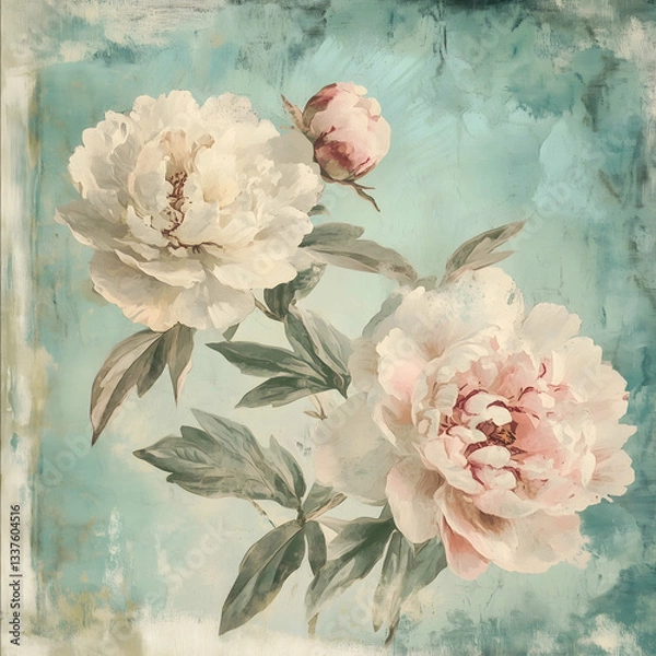 Fototapeta create a vintage distressed image of a page highlighting the lush fluffy peony blossoms in a variety of hues and soft petals